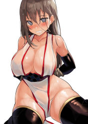 Rule 34 | 1girl, arms behind back, bad id, bad pixiv id, bare shoulders, black thighhighs, blue eyes, blush, bound, bound wrists, breasts, brown hair, china dress, chinese clothes, cleavage, closed mouth, commentary request, curvy, dress, elbow gloves, empty eyes, gloves, groin, heavy breathing, highres, kekemotsu, large breasts, long hair, looking at viewer, open mouth, original, pelvic curtain, revealing clothes, rope, saliva, sideboob, solo, spread legs, sweatdrop, thighhighs, thighs, wet, wet clothes