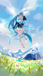 Rule 34 | 1girl, absurdly long hair, absurdres, aqua eyes, aqua hair, aqua necktie, black skirt, black sleeves, blue sky, chinese commentary, cloud, cloudy sky, commentary request, dated commentary, day, detached sleeves, field, floating, flower, flower field, frilled shirt, frilled shirt collar, frills, full body, grass, hat, hatsune miku, highres, long hair, long sleeves, miniskirt, mountain, mountainous horizon, necktie, open mouth, outdoors, shirt, shoes, skirt, sky, smile, solo, thighhighs, twintails, very long hair, vocaloid, wen chen, white hat, white shirt, white thighhighs, wide shot