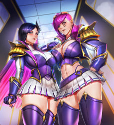 Rule 34 | 2girls, badcompzero, black hair, blue eyes, breasts, caitlyn (league of legends), commentary, english text, fingerless gloves, gloves, goggles, goggles on head, highleg, highleg panties, large breasts, league of legends, lips, looking at viewer, looking down, miniskirt, multicolored hair, multiple girls, nail polish, panties, pink hair, red panties, school uniform, skindentation, skirt, thick thighs, thighs, two-tone hair, undercut, underwear, vi (league of legends)