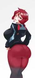 Rule 34 | 1girl, absurdres, arezu (pokemon), ass, blush, breasts, come hither, creatures (company), from behind, game freak, goldsaw, highres, hood, hood down, huge ass, large breasts, leggings, looking at viewer, looking back, naughty face, nintendo, open mouth, pantyhose, pokemon, pokemon legends: arceus, red eyes, red hair, shiny clothes, short hair, sideboob, simple background, skin tight, smile, solo