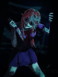 Rule 34 | 1girl, black eyes, blood, blood on clothes, blood on face, bloody knife, blurry, blurry background, bow, bowtie, crazy eyes, crazy smile, gasai yuno, hair between eyes, highres, holding, holding knife, holding weapon, horror (theme), knife, legs apart, long hair, mirai nikki, pink hair, purple serafuku, purple skirt, rae ariadne, red bow, red bowtie, sailor collar, school uniform, serafuku, short sleeves, signature, skirt, smile, solo, standing, weapon, white sailor collar, yandere