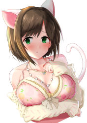 Rule 34 | 1girl, animal ears, arm under breasts, bare shoulders, blush, breasts, brown hair, cat ears, cat tail, cleavage, collarbone, fang, floral print, green eyes, hand up, idolmaster, idolmaster cinderella girls, jewelry, large breasts, long sleeves, looking at viewer, maekawa miku, necklace, short hair, simple background, solo, sousakubito, tail, upper body, white background