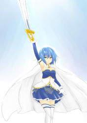 Rule 34 | 1girl, arm above head, armpits, bare shoulders, blue eyes, blue hair, cape, detached sleeves, gloves, hair between eyes, honest (honenano), mahou shoujo madoka magica, mahou shoujo madoka magica (anime), miki sayaka, short hair, solo, sword, thighhighs, thighs, weapon, white cape, white gloves
