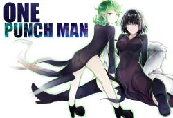 Rule 34 | 2girls, ass, bad anatomy, bad feet, black dress, black hair, boots, coat, copyright name, dress, frown, fubuki (one-punch man), fur coat, green eyes, green hair, height difference, high heel boots, high heels, highres, kaki (shi360), multiple girls, one-punch man, poorly drawn, short hair, siblings, sisters, smile, tatsumaki, thigh boots, thighhighs