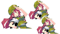 Rule 34 | 1girl, ^ ^, blank eyes, blush, braid, breasts, closed eyes, commentary request, cropped legs, green headwear, green skirt, green vest, hand on own hip, hong meiling, long hair, looking at viewer, medium breasts, multiple views, noya makoto, one eye closed, open mouth, red eyes, red hair, shirt, short sleeves, simple background, skirt, smile, star (symbol), sweatdrop, touhou, upper body, vest, white background, white shirt
