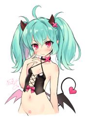 Rule 34 | &gt;:s, 1girl, :s, ahoge, aqua hair, bad id, bad pixiv id, bare arms, bare shoulders, blush, breasts, byulzzi, corset, demon girl, demon horns, demon tail, demon wings, dot nose, fang, fang out, hair ornament, hand on own cheek, hand on own face, horns, long hair, looking at viewer, navel, original, out-of-frame censoring, pink eyes, pink hair, pubic tattoo, revealing clothes, signature, simple background, small breasts, solo, tail, tattoo, twintails, v-shaped eyebrows, white background, wings, x hair ornament