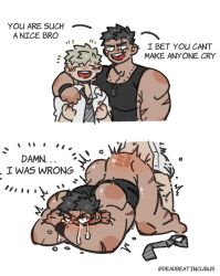 Rule 34 | 2boys, :d, absurdres, anal, arm around shoulder, bara, black tank top, blush, crying, crying with eyes open, dark-skinned male, dark skin, deadbeatincubus, dog tags, doggystyle, english text, happy aura, highres, instant loss, large pectorals, male focus, male penetrated, multiple boys, muscular, muscular male, muscular uke, open mouth, original, pectorals, scar, scar across eye, sex, sex from behind, short hair, sideburns, sidepec, smile, spanked, streaming tears, tank top, tears, thick eyebrows, top-down bottom-up, trembling, yaoi