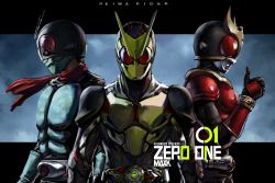 Rule 34 | 3boys, antennae, armor, belt, character name, compound eyes, copyright name, full armor, helmet, kamen rider, kamen rider (1st series), kamen rider 01 (series), kamen rider 1, kamen rider kuuga, kamen rider kuuga (series), kamen rider zero-one, male focus, max-k, multiple boys, red eyes, scarf, thumbs up, trait connection