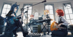 Rule 34 | 4girls, 8686, :d, acoustic guitar, amplifier, animal ears, ankle boots, arknights, band, bare arms, bare shoulders, black dress, black footwear, black legwear, black neckwear, black pants, black vest, blazer, blonde hair, boots, breasts, brown hair, cable, cat ears, collared shirt, croissant (arknights), cross-laced footwear, curled horns, dress, drum, drum set, drumsticks, electric guitar, exusiai (arknights), flat chest, gibson les paul, guitar, hair ribbon, halo, heater, highres, horns, indian style, indoors, instrument, jacket, keyboard (instrument), long hair, long sleeves, looking at viewer, microphone stand, multiple girls, necktie, on floor, open mouth, pants, pantyhose, poster (object), profile, red hair, ribbon, shirt, short dress, sitting, sitting on object, sleeveless, sleeveless dress, small breasts, smile, sora (arknights), speaker, stole, texas (arknights), twintails, undershirt, very long hair, vest, white shirt, window, wooden floor, yamaha, yellow eyes