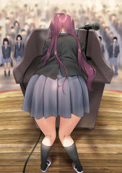 Rule 34 | 1girl, aldehyde, ass, bad id, bad pixiv id, black jacket, blue skirt, breath, commentary request, cowboy shot, crowd, from behind, have to pee, highres, indoors, jacket, leaning forward, long hair, long sleeves, microphone, miniskirt, original, paid reward available, people, pleated skirt, podium, purple hair, school uniform, shiny skin, shirt, skirt, solo focus, stage, standing, sweat, translated, white shirt