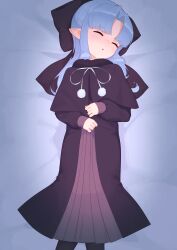 Rule 34 | 1girl, absurdres, black capelet, black dress, black thighhighs, blue hair, blush, capelet, closed eyes, commission, dekasuji, dot nose, dress, from above, highres, len (tsukihime), long hair, long sleeves, lying, on back, open mouth, pixiv commission, pointy ears, pom pom (clothes), pov, ribbon, sidelocks, solo, thighhighs, tsukihime, white ribbon