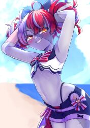 Rule 34 | 1girl, absurdres, armpits, arms up, beach, bikini, bikini under clothes, bikini under shorts, blue shorts, blunt ends, blush, bow, colored skin, commentary, english commentary, front-tie bikini top, front-tie top, grey hair, grey skin, grin, heterochromia, highleg, highleg bikini, highres, hololive, hololive indonesia, hololive summer 2023 swimsuit, hot, kghazir, kureiji ollie, layered bikini, long hair, looking at viewer, mismatched pupils, multicolored hair, multicolored skin, official alternate costume, patchwork skin, pink hair, red eyes, red hair, shorts, smile, solo, stitched arm, stitched face, stitched leg, stitches, striped bikini, striped clothes, sweat, swimsuit, symbol-shaped pupils, two-tone skin, very sweaty, virtual youtuber, waist bow, white bikini, white hair, white skin, x-shaped pupils, yellow eyes, zombie