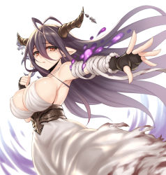 Rule 34 | 10s, 1girl, bandaged arm, black gloves, black hair, breasts, danua, draph, dress, covered erect nipples, fingerless gloves, gloves, granblue fantasy, hair between eyes, horns, lang (chikage36), large breasts, long hair, looking at viewer, outstretched arm, parted lips, pointy ears, red eyes, sideboob, simple background, solo, very long hair, white background, white dress