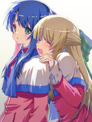 Rule 34 | 2girls, akayama yukihe, blue hair, blush, bow, capelet, closed eyes, commentary request, dress, expressionless, eyes visible through hair, green bow, green eyes, hair between eyes, hair bow, half updo, hand on another&#039;s shoulder, highres, hug, hug from behind, kanon, kawasumi mai, kurata sayuri, light brown hair, long hair, looking at another, multiple girls, open mouth, parted lips, plaid, plaid bow, red dress, sad, school uniform, sidelocks, simple background, tears, upper body, wavy mouth, white background, white capelet