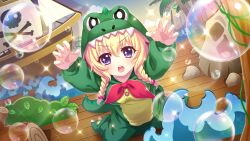 Rule 34 | 1girl, alligator costume, arms up, blonde hair, bow, braid, breasts, bubble, bush, cardboard cutout, claw pose, cloud, dot nose, dutch angle, film grain, game cg, hasegawa mii, izumi tsubasu, jolly roger, lens flare, log, long sleeves, non-web source, official art, open mouth, palm tree, peter pan, pirate ship, plant, purple eyes, re:stage!, red bow, rock, sitting, small breasts, solo, sparkle, sparkling eyes, stage, teeth, tree, twin braids, upper teeth only, vines, wariza, waves, wooden floor