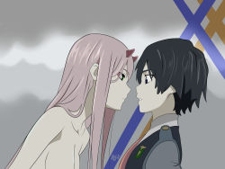 Rule 34 | 10s, 1boy, 1girl, absurdres, atroisart, black hair, blue eyes, breasts, couple, darling in the franxx, face-to-face, facing another, forehead-to-forehead, fringe trim, green eyes, heads together, hetero, highres, hiro (darling in the franxx), horns, large breasts, long hair, military, military uniform, necktie, nude, oni horns, pink hair, red horns, red neckwear, short hair, signature, straight hair, uniform, zero two (darling in the franxx)