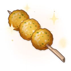Rule 34 | artist request, commentary, croquette, english commentary, food, food focus, fried radish balls (genshin impact), game cg, genshin impact, lowres, no humans, official art, simple background, skewer, sparkle, still life, third-party source, transparent background
