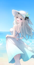 Rule 34 | 1girl, absurdres, aqua dress, bare arms, bare shoulders, beach, black bow, black hairband, blue sky, bow, commentary, day, dress, feet out of frame, firefly (honkai: star rail), gradient dress, grey hair, hairband, hat, hat bow, highres, honkai: star rail, honkai (series), long hair, looking at viewer, open mouth, outdoors, purple eyes, qoray7, sky, sleeveless, sleeveless dress, solo, spaghetti strap, standing, sun hat, very long hair, white dress, white hat