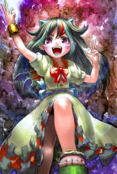 Rule 34 | 1girl, bad id, bad pixiv id, black hair, bow, fangs, gibagiba, grey horns, horns, kijin seija, long hair, multicolored hair, red eyes, red hair, smile, solo, touhou, tourniquet505, white hair