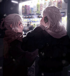 Rule 34 | 1boy, 1girl, blush, bottle, commentary request, contemporary, couple, drink, from behind, funa2001, grey eyes, grey hair, highres, holding, holding phone, hood, hoodie, kaine (nier), looking at viewer, nier, nier (series), nier (young), night, outdoors, phone, plaid, plaid scarf, red scarf, scarf, short hair, snow, steam from mouth, talking on phone, upper body, vending machine, white hair, winter, winter clothes