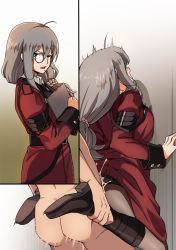 Rule 34 | 1boy, 1girl, against wall, ankle grab, breasts, clipboard, clothed female nude male, cum, cyrano (aazzss3), girls&#039; frontline, grey hair, griffin &amp; kryuger military uniform, hair over shoulder, helianthus (girls&#039; frontline), hetero, highres, instant loss, korean text, large breasts, military, military uniform, monocle, nude, open mouth, pantyhose, scrunchie, sex, sex from behind, solo, standing, standing sex, translation request, uniform, white scrunchie, yellow eyes