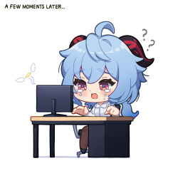 Rule 34 | 1girl, ?, ??, absurdres, blue hair, chair, chibi, computer, full body, ganyu (genshin impact), genshin impact, halo, highres, horns, long hair, looking at another, no-ba, office lady, open mouth, purple eyes, solo, table, tearing up