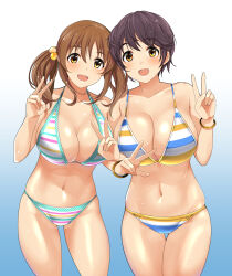 Rule 34 | 2girls, aasara, bangle, bikini, blush, bracelet, breasts, brown eyes, brown hair, cleavage, collarbone, commentary request, cowboy shot, double v, gradient background, hair bobbles, hair ornament, highres, idolmaster, idolmaster cinderella girls, jewelry, large breasts, long hair, looking at viewer, multiple girls, navel, oikawa shizuku, open mouth, short hair, smile, striped bikini, striped clothes, swimsuit, totoki airi, twintails, v