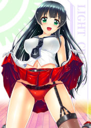 Rule 34 | 10s, 1girl, agano (kancolle), black hair, blush, breasts, clothes lift, gloves, green eyes, highres, kantai collection, large breasts, long hair, looking at viewer, miniskirt, navel, necktie, open mouth, panties, personification, red panties, sakaki maki, school uniform, serafuku, single thighhigh, skirt, skirt lift, smile, solo, thighhighs, underwear, upskirt, white gloves