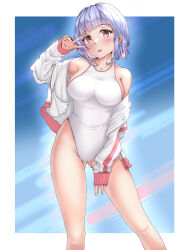 Rule 34 | 1girl, blue eyes, breasts, colored inner hair, commentary request, competition swimsuit, feet out of frame, grey hair, highleg, highleg swimsuit, highres, jacket, large breasts, mashinatsu, multicolored hair, one-piece swimsuit, open clothes, open jacket, orange eyes, original, pink hair, solo, swimsuit, v, v over eye, white jacket, white one-piece swimsuit