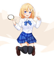 Rule 34 | 1girl, black thighhighs, blonde hair, blue bow, blue bowtie, blue eyes, blue skirt, blush, bow, bowtie, breasts, collared shirt, commentary request, felutiahime, hair between eyes, highres, holding, holding magnifying glass, hololive, hololive english, knees together feet apart, loafers, long sleeves, looking at viewer, magnifying glass, medium breasts, medium hair, open mouth, plaid, plaid skirt, pleated skirt, shirt, shoes, skirt, solo, swept bangs, thighhighs, virtual youtuber, watson amelia, white shirt, zettai ryouiki