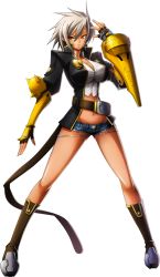 Rule 34 | &gt;:|, 1girl, :|, arc system works, arm up, armor, artist request, belt, belt skirt, blazblue, blazblue: chronophantasma, boots, breasts, brown footwear, bullet (blazblue), cleavage, closed mouth, crop top, cutoffs, denim, denim shorts, elbow pads, fingerless gloves, full body, gloves, groin, hair between eyes, high collar, highres, impossible clothes, impossible shirt, jacket, knee boots, large breasts, legs, legs apart, long legs, looking at viewer, lowleg, lowleg shorts, micro shorts, midriff, narrow waist, navel, official art, open clothes, open jacket, orange eyes, shirt, short shorts, shorts, silver hair, solo, spiked hair, standing, taut clothes, taut shirt, torn clothes, transparent background, v-shaped eyebrows, white background, wide hips, wide stance