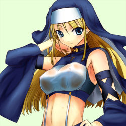 Rule 34 | 1girl, 2sox[black], blonde hair, blue eyes, breasts, covered erect nipples, goenitz, habit, long hair, midriff, nipples, nun, see-through, snk, solo, the king of fighters, wet, wet clothes
