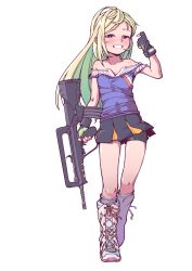 Rule 34 | 1girl, assault rifle, bare shoulders, bike shorts under skirt, blonde hair, blush, boots, bullpup, contrapposto, cross-laced footwear, famas, famas (forest whisperer and birds) (girls&#039; frontline), famas (girls&#039; frontline), fingerless gloves, girls&#039; frontline, gloves, green eyes, grey legwear, gun, highres, jarv, knee boots, lace-up boots, long hair, looking at viewer, loose socks, pointing, pointing at self, rifle, smile, socks, solo, weapon, white background