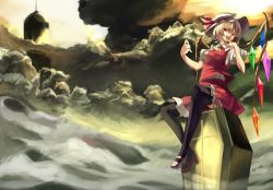 Rule 34 | 1girl, bad id, bad pixiv id, blonde hair, cloud, coffin, female focus, finger to mouth, flandre scarlet, hat, high heels, mary janes, ponytail, red eyes, shoes, short hair, side ponytail, sitting, sitting on object, solo, thighhighs, touhou, wings, yasumo (kuusouorbital)