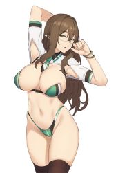 Rule 34 | 1girl, armpits, arms up, bikini, black thighhighs, bracelet, breasts, brown hair, brown haired glasses elf (houtengeki), cleavage, elf, glasses, green bikini, green eyes, green necktie, hair between eyes, highleg, highleg bikini, hip focus, houtengeki, jewelry, large breasts, long hair, looking at viewer, mature female, navel, necktie, original, pointy ears, shirt, shrug (clothing), simple background, solo, swimsuit, thighhighs, thighs, white background, white shirt