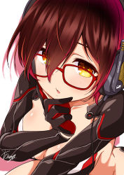 Rule 34 | 1girl, :o, absurdres, android, asanaya, breasts, brown hair, cable, collarbone, commentary, eyes visible through hair, glasses, gradient hair, hair between eyes, hand on own chin, headphones, highres, hololive, looking at viewer, mechanical arms, medium breasts, multicolored hair, red-framed eyewear, red hair, roboco-san, shadow, shiny skin, short hair, signature, solo, virtual youtuber, white background, yellow eyes