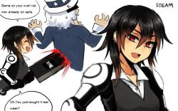 Rule 34 | black hair, blood, closed eyes, earrings, english text, engrish text, jewelry, md5 mismatch, open mouth, personification, ranguage, red eyes, reef (sanomsai products), simple background, steam (platform), stick figure, sword, teeth, weapon