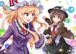Rule 34 | 2girls, black hair, black skirt, blonde hair, blush, bow, breasts, brooch, brown eyes, dress, e.o., fedora, frilled shirt collar, frilled sleeves, frills, hair bow, hat, hat bow, hat ribbon, holding hands, jacket, jewelry, long hair, long sleeves, looking at another, maribel hearn, medium breasts, mob cap, multiple girls, neck ribbon, necktie, open clothes, open jacket, petticoat, purple dress, red eyes, red necktie, red ribbon, ribbon, shirt, skirt, touhou, upper body, usami renko, white bow, white shirt, wide sleeves