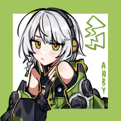 anby_demara bare_shoulders black_gloves blush border braid character_name detached_sleeves emne fingerless_gloves frown gloves green_border grey_hair headphones looking_at_viewer short_hair single_braid upper_body zenless_zone_zero