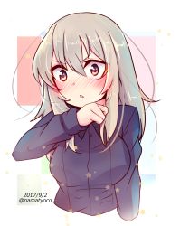 Rule 34 | 1girl, alternate eye color, blush, commentary, cropped arms, cropped torso, dated, dress shirt, frown, girls und panzer, grey shirt, hand on own chin, highres, itsumi erika, kuromorimine school uniform, long hair, long sleeves, looking at viewer, multicolored background, namatyoco, one-hour drawing challenge, open mouth, red eyes, school uniform, shirt, silver hair, solo, star (symbol), twitter username, upper body
