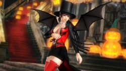 Rule 34 | 1girl, 3d, black hair, breasts, dead or alive, dead or alive 5, halloween, hat, large breasts, long hair, naughty face, nyotengu, official art, official wallpaper, smile, solo, tongue, wallpaper, wings