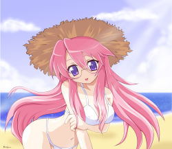 Rule 34 | 00s, 1girl, beach, bikini, blush, breasts squeezed together, breasts, cleavage, cloud, collarbone, day, glasses, hat, highres, large breasts, long hair, looking at viewer, lucky star, navel, ocean, pink hair, purple eyes, sand, sky, smile, solo, straw hat, swimsuit, takara miyuki, tongue, tongue out, water, white bikini