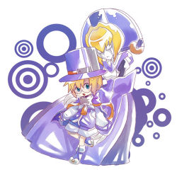 Rule 34 | 1boy, 1girl, :o, android, arc system works, blazblue, blazblue: calamity trigger, blonde hair, blue eyes, boots, cape, carl clover, chibi, full body, hat, hato mune, nirvana (blazblue), open mouth, purple footwear, shorts, standing, standing on one leg, top hat, white background