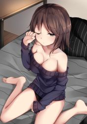 Rule 34 | 1girl, bare shoulders, barefoot, bed, black eyes, black panties, black sweater, breasts, brown hair, cleavage, collarbone, hand up, highres, large breasts, long sleeves, looking at viewer, off-shoulder sweater, off shoulder, on bed, one eye closed, original, panties, pillow, short hair, sitting, solo, sweater, table, thighs, umou (may65879), underwear, waking up, wariza