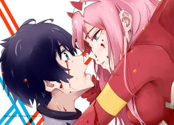 Rule 34 | 10s, 1boy, 1girl, black hair, blood, blood on clothes, blood on face, blue eyes, bodysuit, copyright name, couple, darling in the franxx, face-to-face, from side, gloves, hand on another&#039;s chin, headband, hetero, highres, hiro (darling in the franxx), long hair, looking at another, military, military uniform, pink hair, red bodysuit, red gloves, short hair, star-kiss, uniform, white headband, zero two (darling in the franxx)