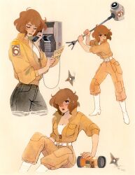 Rule 34 | april o&#039;neil, breasts, camcorder, camera, cleavage, corded phone, highres, holding, holding camera, holding phone, jumpsuit, medium breasts, open jumpsuit, pants, payphone, phone, phone booth, red eyes, red hair, reporter, riikkapaints, tank top, teenage mutant ninja turtles, unzipped, video camera, white tank top, yellow jumpsuit, yellow pants