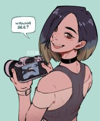 Rule 34 | 1girl, absurdres, blue hair, bob cut, brown eyes, brown hair, camera, choker, creatures (company), english text, game freak, highres, holding, holding camera, kilowattrel, looking at viewer, looking back, multicolored hair, nintendo, off-shoulder shirt, off shoulder, open mouth, perrin (pokemon), photographer, pokemon, pokemon (creature), pokemon sv, shirt, short hair, short sleeves, smile, solo, speech bubble, teliivision, watch, wristwatch
