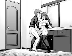 Rule 34 | 1boy, 1girl, absurdres, ankoman, ass, bar censor, breasts, censored, clothes, erection, fate/grand order, fate (series), grabbing, grabbing another&#039;s breast, highres, large breasts, large penis, long hair, matou shinji, monochrome, open clothes, open mouth, penis, short hair, testicles, tohsaka rin, veins, veiny penis