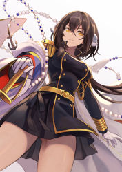 Rule 34 | 1girl, anchor, azur lane, belt, black hair, blush, breasts, brown hair, buttons, closed mouth, coat, double-breasted, epaulettes, floating hair, gloves, hair between eyes, highres, holding, horns, long hair, long sleeves, looking at viewer, medium breasts, mikasa (azur lane), military, military uniform, off shoulder, saber (weapon), sidelocks, simple background, skirt, smile, solo, sword, thighs, uniform, weapon, white background, white gloves, wind, wind lift, yellow eyes, yuko (uc yuk)