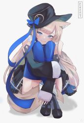 Rule 34 | 1girl, absurdres, animal ear fluff, animal ears, black hat, blue eyes, blue thighhighs, boots, bow, clock hands, detached sleeves, fox ears, fox girl, fox tail, fur-trimmed sleeves, fur trim, hat, hat ribbon, highres, hugging own legs, karrotvtuber, light brown hair, prism project, ribbon, simple background, solo, symbol-shaped pupils, tail, thighhighs, tilted headwear, tokimori aoi, virtual youtuber, white background